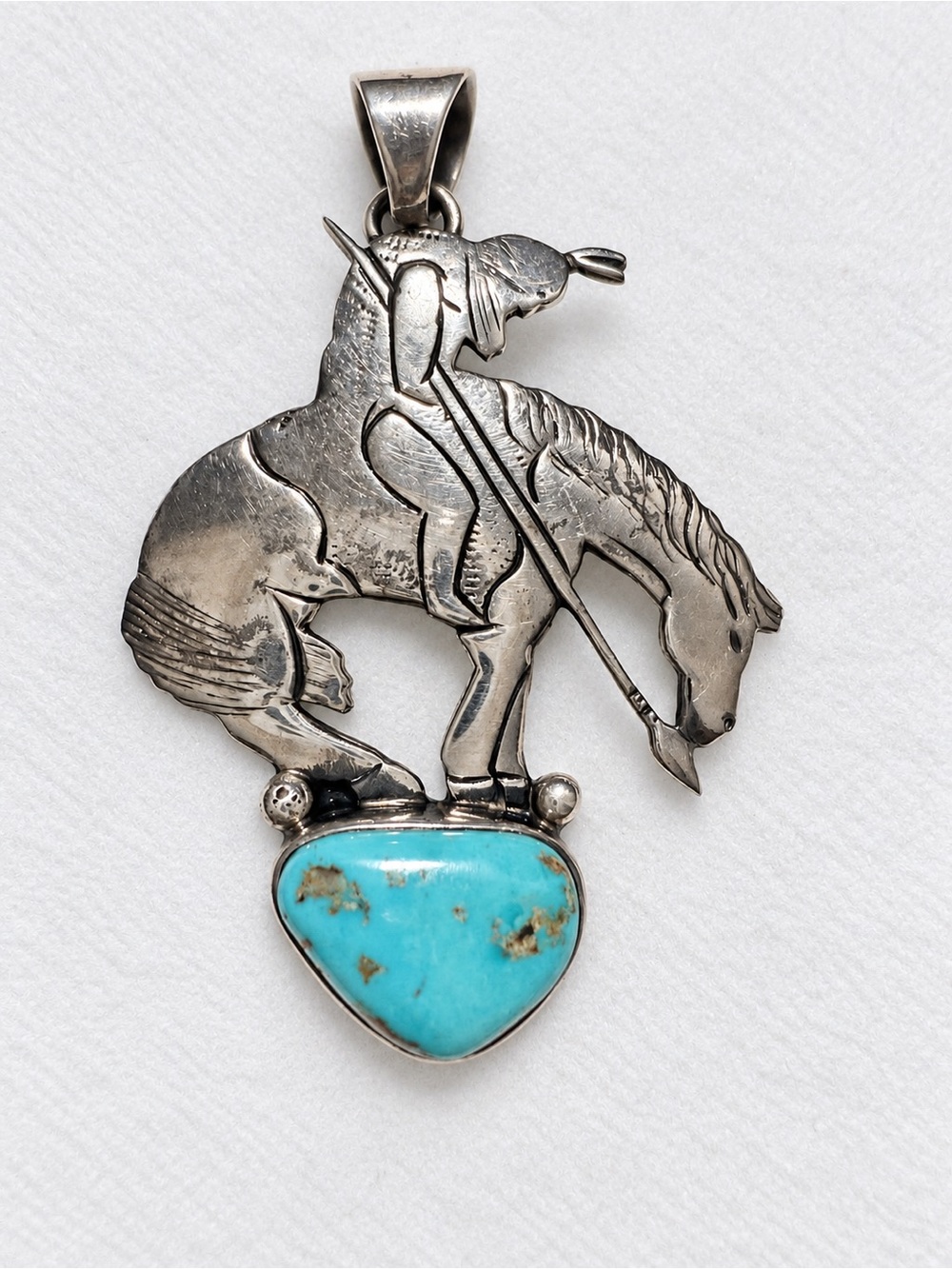 Sterling Silver Navajo Horse and Rider Pendant with Turquoise โend of trailโ